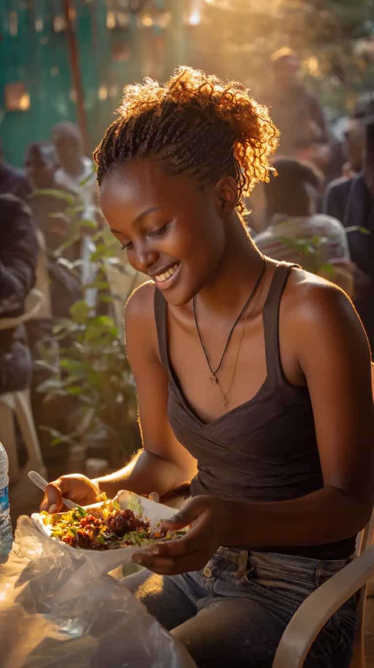 Young Kenyan woman smiling while eating at a street food stall